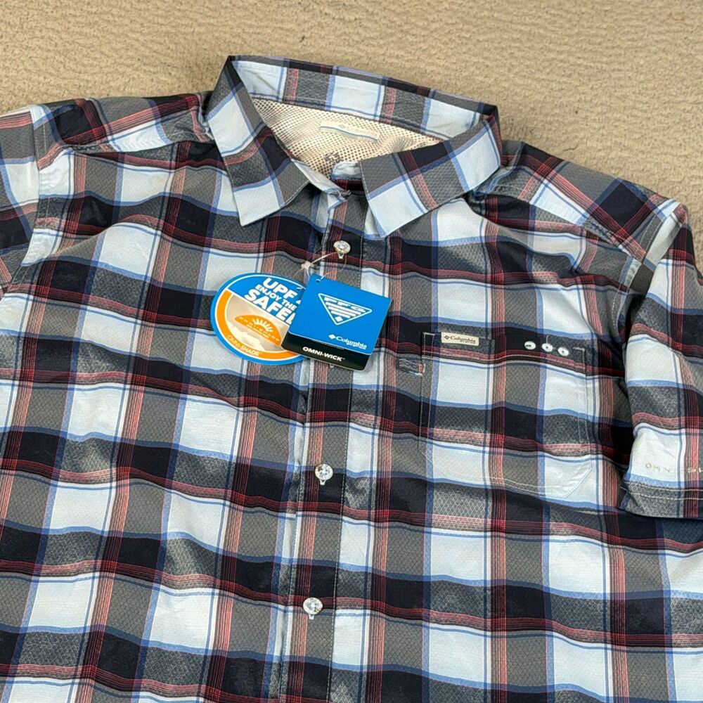 COLUMBIA Shirt Mens XLT Blue Plaid Slack Tide PFG Camp Shirt UPF 50 Omni Shade